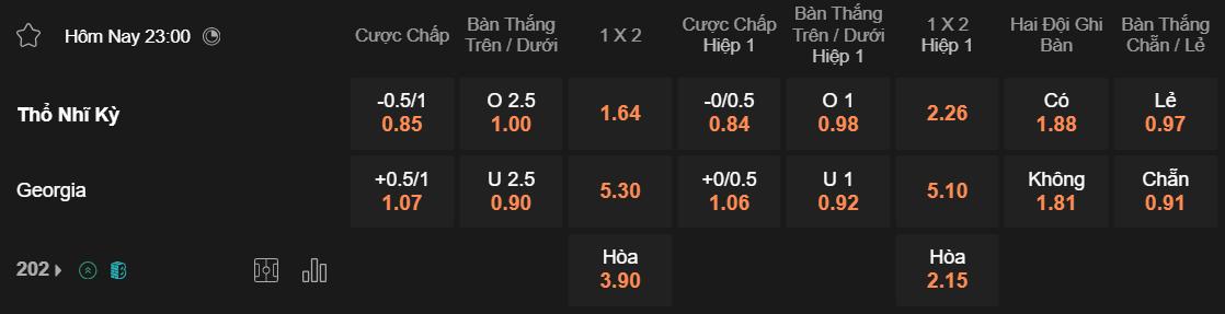 Tỷ lệ kèo Thổ Nhĩ Kỳ vs Georgia
